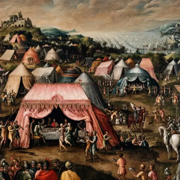 Charles V And The Bey Of Tunis In Dell'Abate'S Panoramic Military Camp Painting