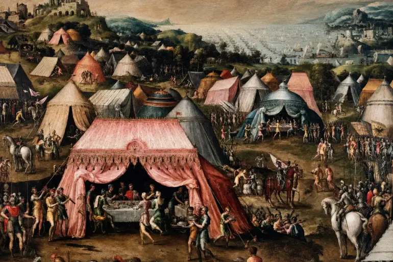 Charles V And The Bey Of Tunis In Dell'Abate'S Panoramic Military Camp Painting