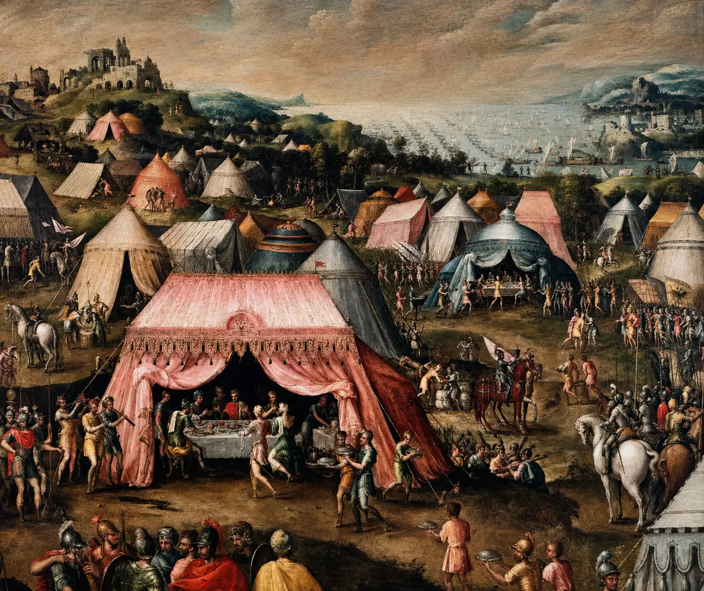 Charles V And The Bey Of Tunis In Dell'Abate'S Panoramic Military Camp Painting