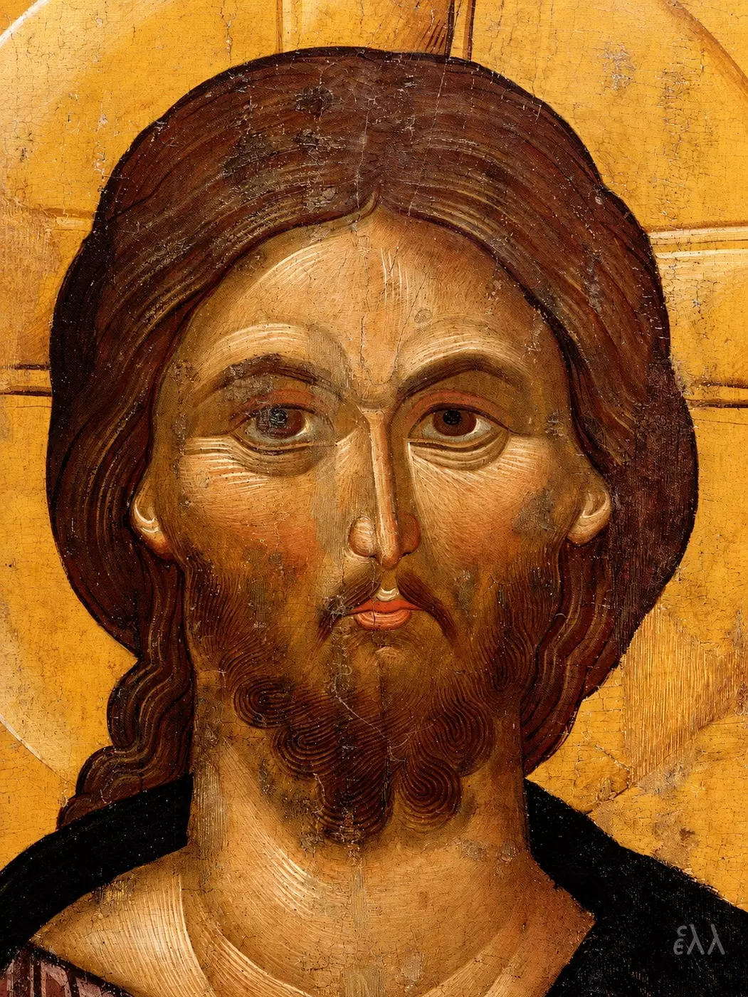 Le Christ La Sagesse De Dieu: Icône Byzantine 7 Détail Du Visage Du Christ Avec La Chevelure Ondulée Tombant Sur L'Épaule Droite, Les Pommettes Saillantes Et L'Expression Grave