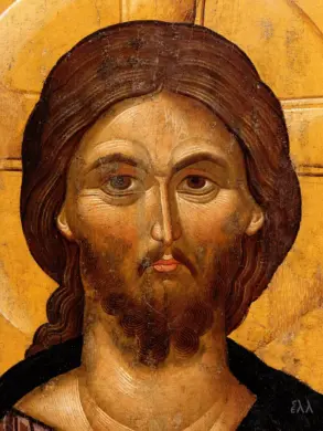 Christ The Wisdom Of God Icon Face With Linear Highlights, Dark Hair And Beard