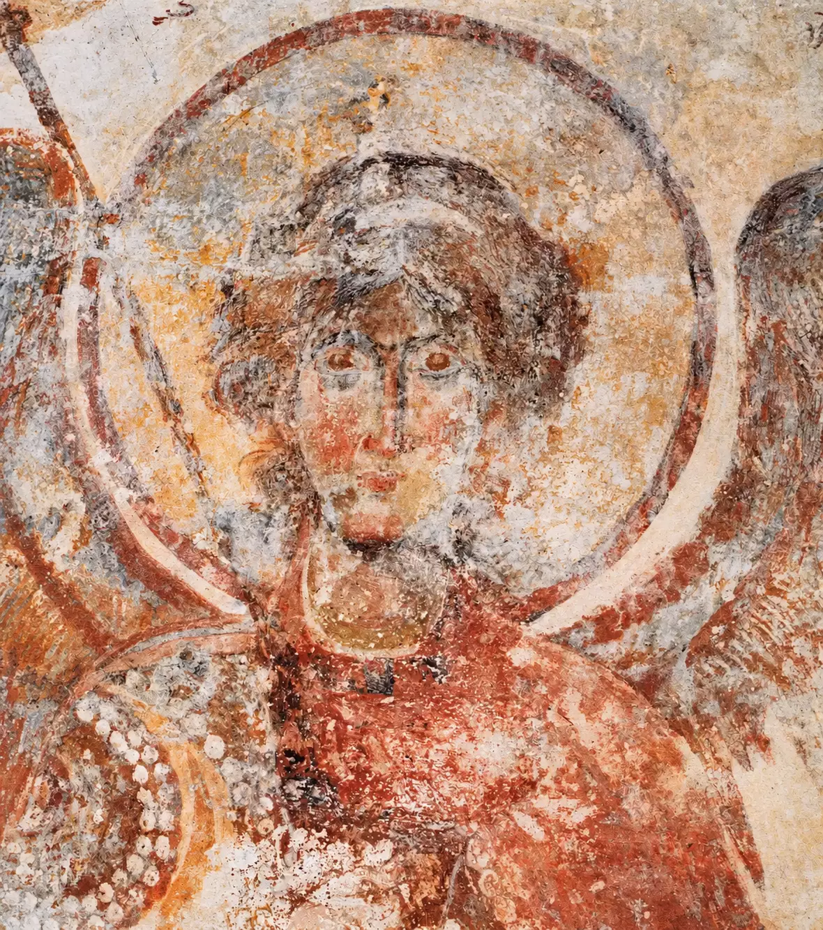 Drosiani Archangel Fresco On Naxos With Frontal Face, Halo, Wings And Red Robe