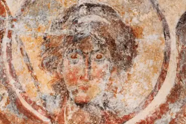 Drosiani Archangel Fresco Face With Large Eyes And Worn Byzantine Pigments