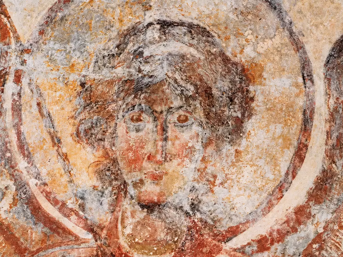 Drosiani Archangel Fresco Face With Large Eyes And Worn Byzantine Pigments