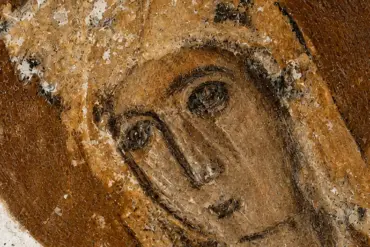 Drosiani Deesis Detail Showing The Traditionally Identified Solomon’s Face, Halo And Abraded Painted Surface