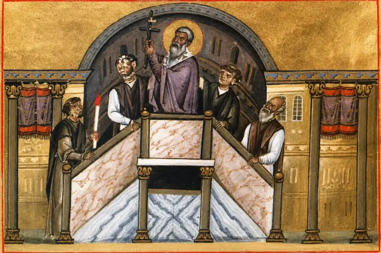 Exaltation Of The Cross Miniature With Patriarch Raising The Cross On A Marble Ambo