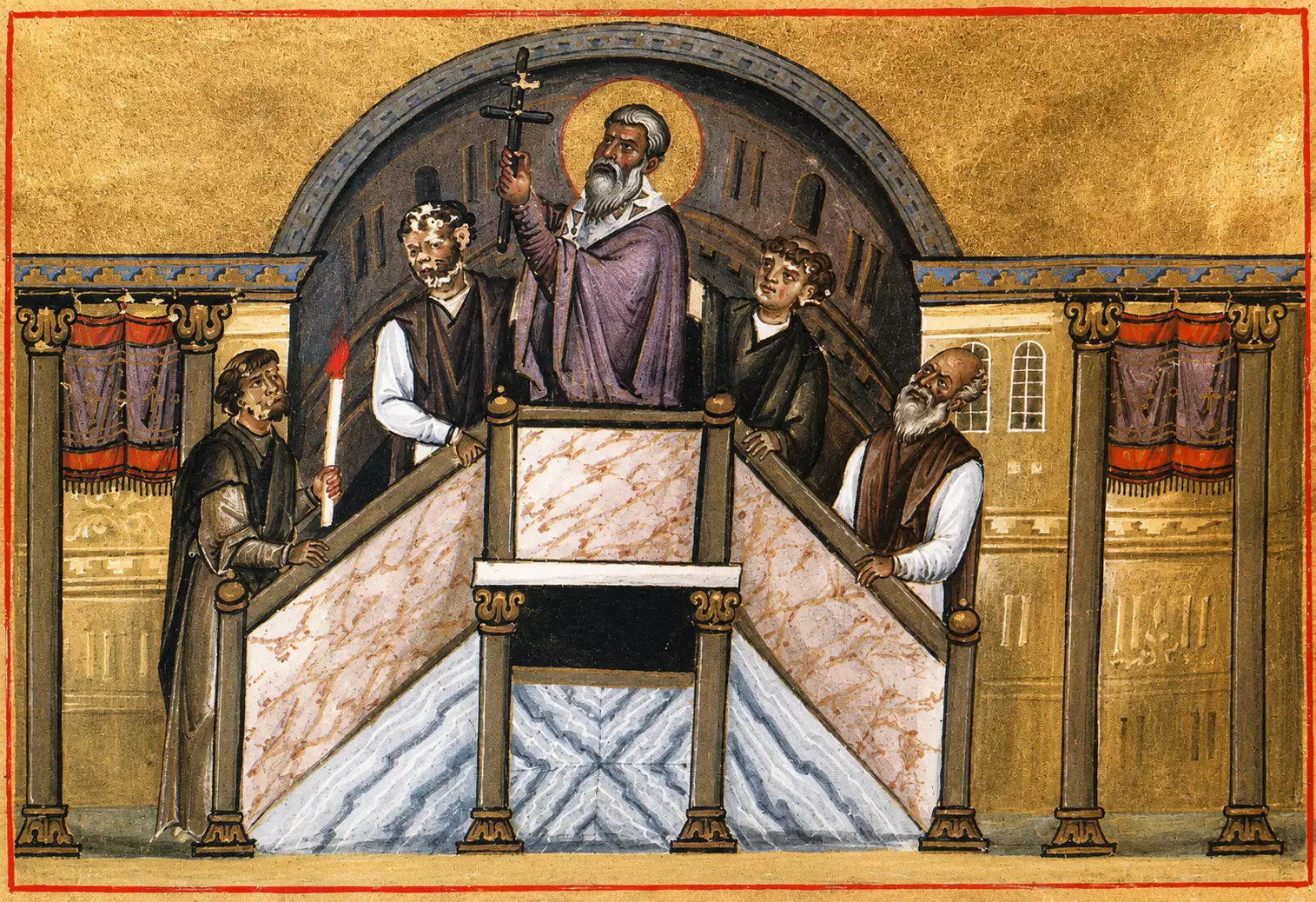 Exaltation Of The Cross Miniature With Patriarch Raising The Cross On A Marble Ambo