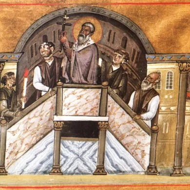 Exaltation Of The Precious Cross In A Byzantine Miniature Of The Menologion Of Basil Ii, Folio 35