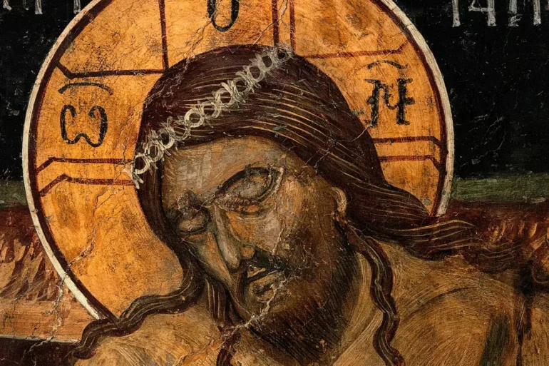 Face Detail In The Extreme Humility, Post-Byzantine Art Fresco At Chrysapha