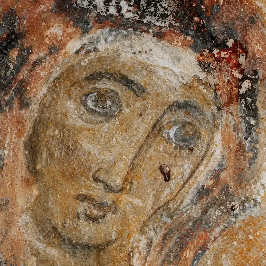 Detail Of The Virgin Mary'S Face From The Fresco Of Panagia Drosiani In Naxos