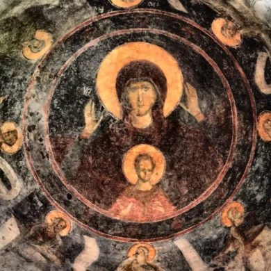 Byzantine Fresco Of The Theotokos With Christ And Prophets In The Dome Of Mystras