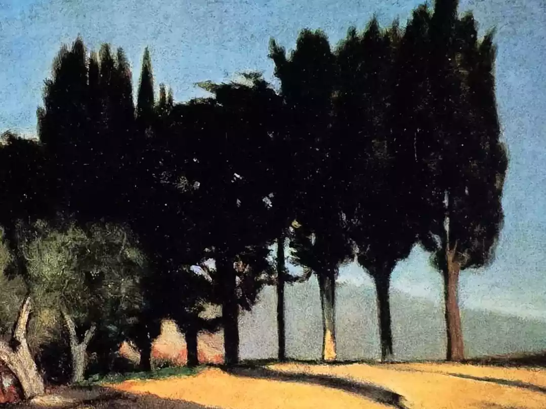 Detail From A Work By Giuseppe Abbati, Dark Macchiaioli Cypresses With Sunlit Tree Trunks