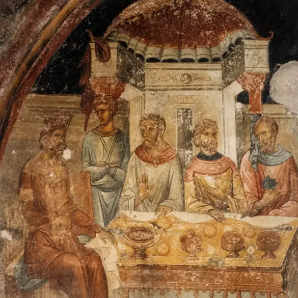 Herod'S Banquet Fresco With Five Figures At A Royal Table, Thessaloniki