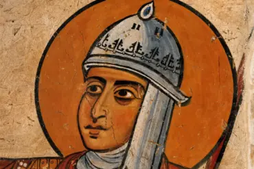 Detail Of The Joshua Fresco At Hosios Loukas Showing The Silver-Blue Conical Helmet