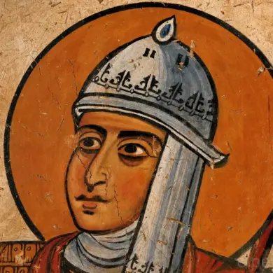 Detail Of The Joshua Fresco At Hosios Loukas Showing The Silver-Blue Conical Helmet