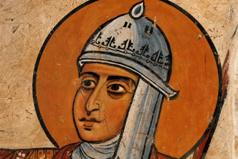 Detail Of The Joshua Fresco At Hosios Loukas Showing The Silver-Blue Conical Helmet