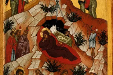 Ikon Kelahiran Yesus Novgorod dengan Bunda Maria, Bayi Kristus, Tiga Raja, dan Para Gembala