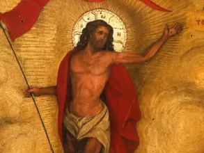 Post-Byzantine Resurrection Icon Detail Showing Christ With Radiating Halo And Red Banner