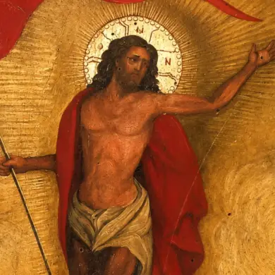 Post-Byzantine Resurrection Icon Detail Showing Christ With Radiating Halo And Red Banner