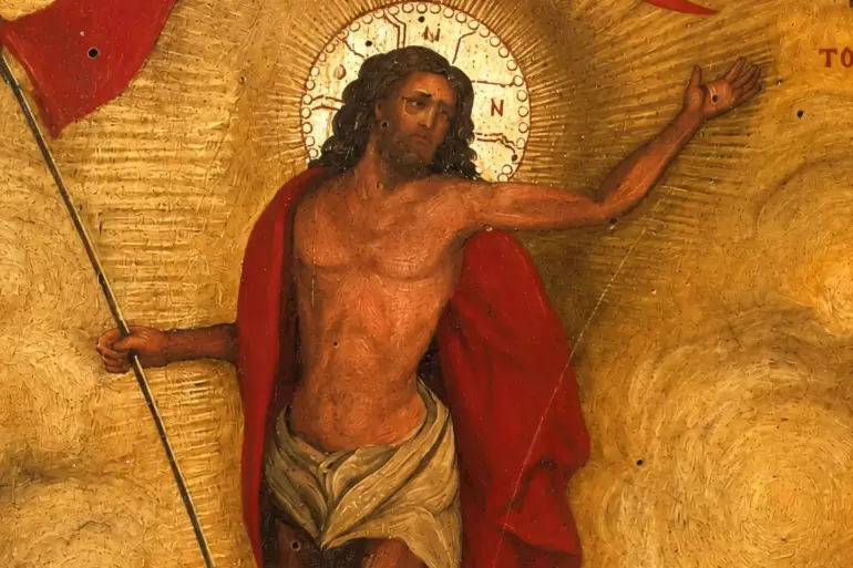 Post-Byzantine Resurrection Icon Detail Showing Christ With Radiating Halo And Red Banner