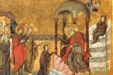 Presentation Of The Virgin Menologion Miniature Showing A Young Mary Handed To Zechariah Against A Stark Gold Background.