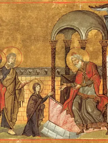 Presentation Of The Virgin Menologion Miniature Showing A Young Mary Handed To Zechariah Against A Stark Gold Background.