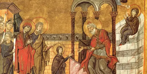 Presentation Of The Virgin Menologion Miniature Showing A Young Mary Handed To Zechariah Against A Stark Gold Background.