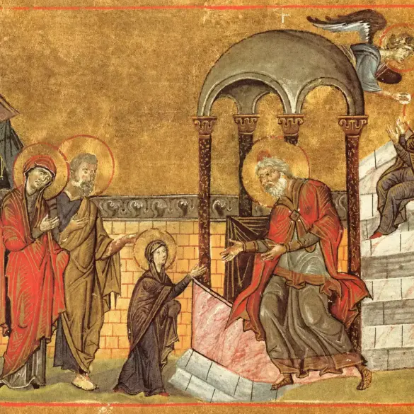 Presentation Of The Virgin Menologion Miniature Showing A Young Mary Handed To Zechariah Against A Stark Gold Background.