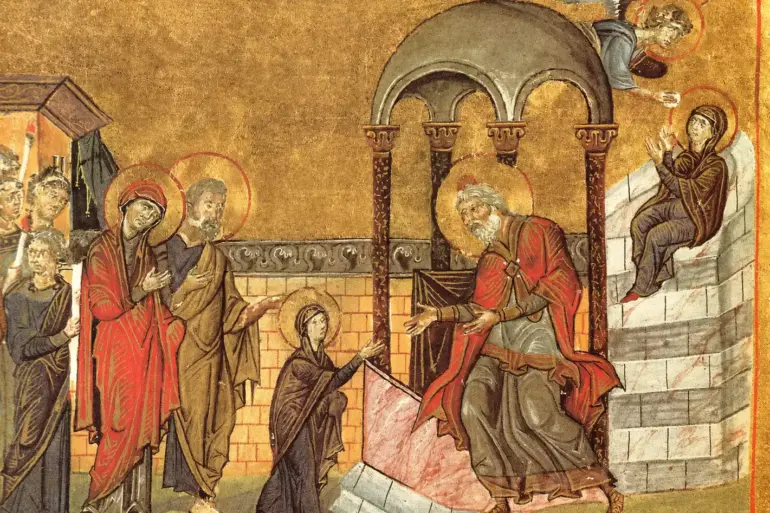 Presentation Of The Virgin Menologion Miniature Showing A Young Mary Handed To Zechariah Against A Stark Gold Background.