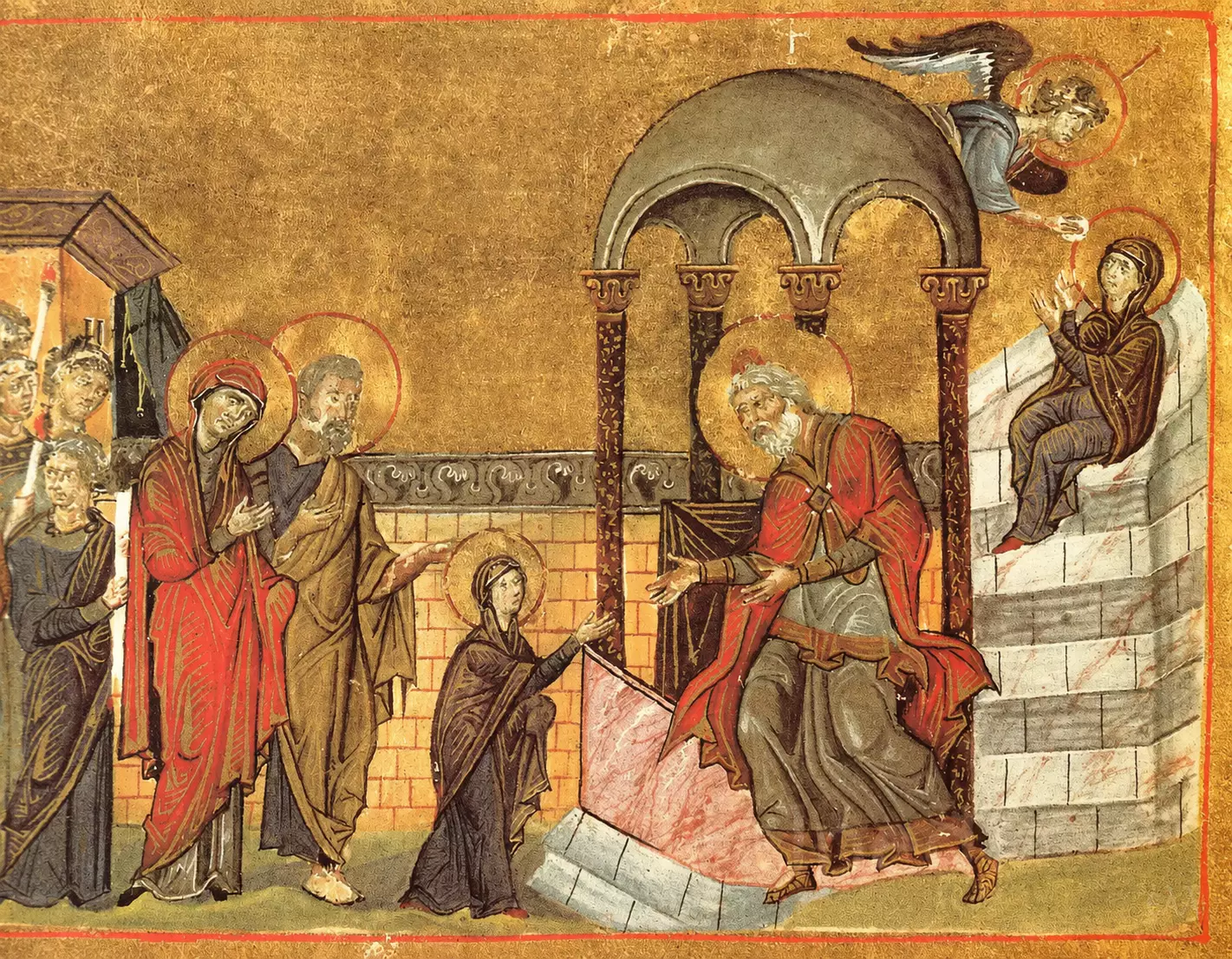 Presentation Of The Virgin Menologion Miniature Showing A Young Mary Handed To Zechariah Against A Stark Gold Background.