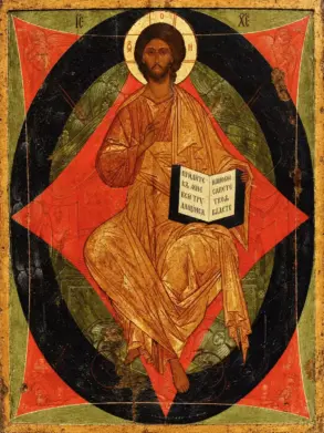 Christ Pantocrator Enthroned Icon In Egg Tempera Within A Geometric Mandorla