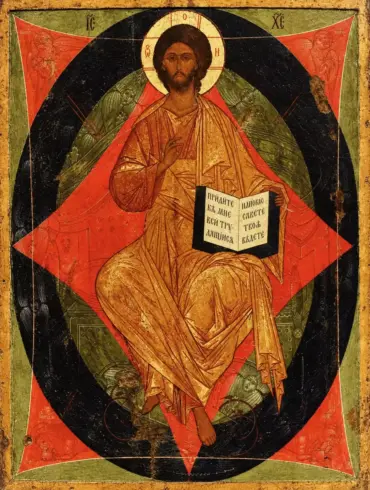 Christ Pantocrator Enthroned Icon In Egg Tempera Within A Geometric Mandorla