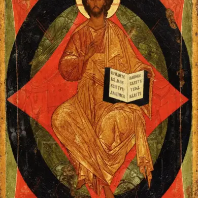 Christ Pantocrator Enthroned Icon In Egg Tempera Within A Geometric Mandorla