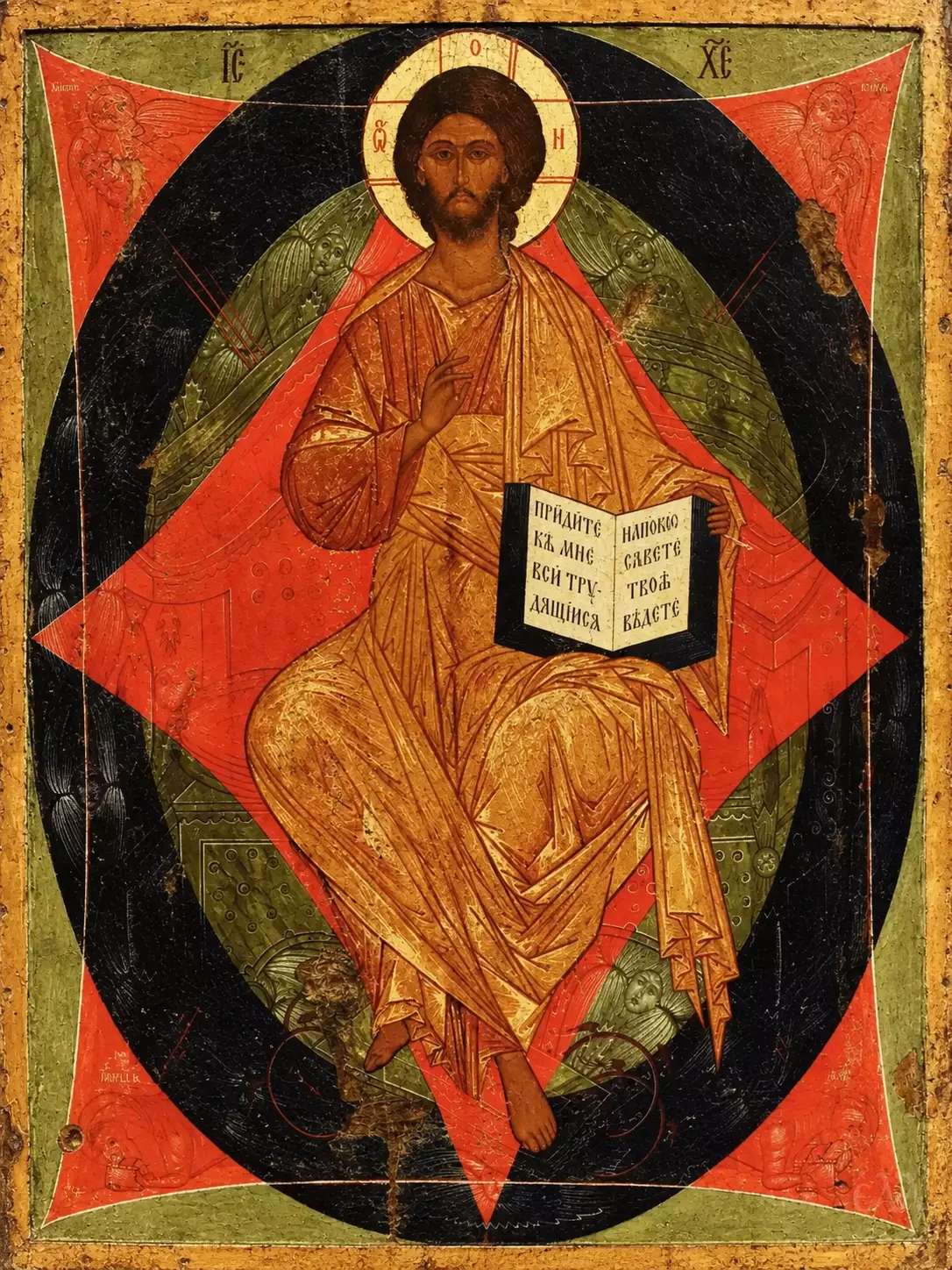 Christ Pantocrator Enthroned Icon In Egg Tempera Within A Geometric Mandorla