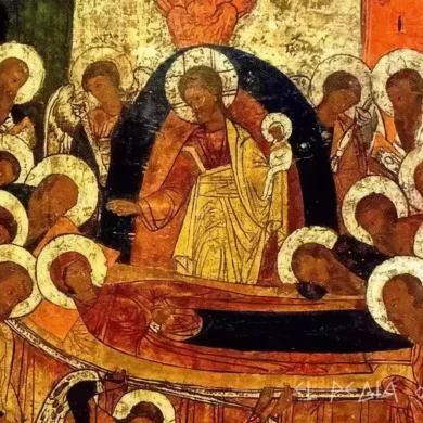 Christ Holds The Soul Of The Virgin In The Russian Icon Of The Dormition In Clinton, Among The Apostles.