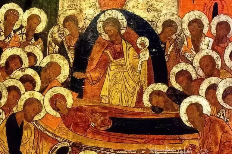 Christ Holds The Soul Of The Virgin In The Russian Icon Of The Dormition In Clinton, Among The Apostles.