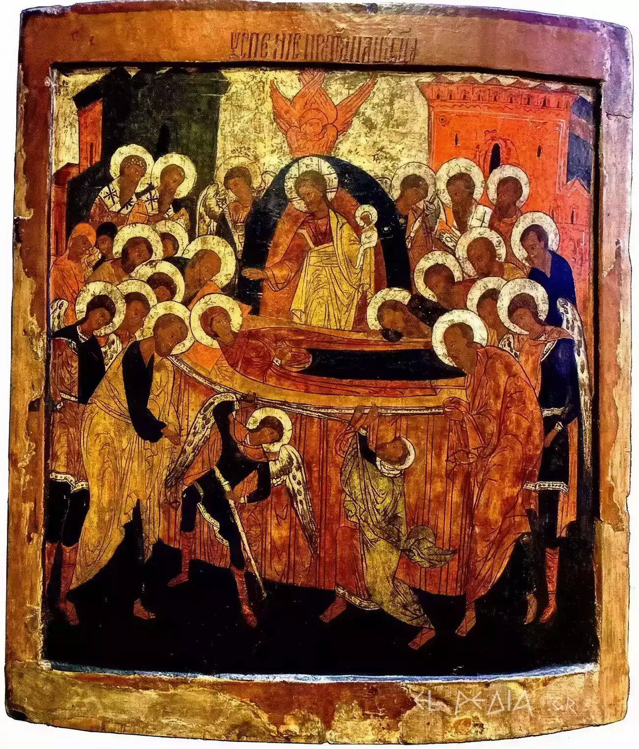 Dormition Of The Theotokos: Work Of The Novgorod School 5 The Complete Russian Icon Of The Dormition, Work Of The Novgorod School, With A Gold Background And Jephonias At The Bottom.