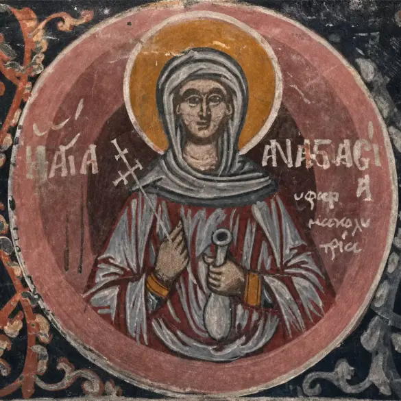 Saint Anastasia Wall Painting In Anavra With Halo, Vessel And Greek Inscription
