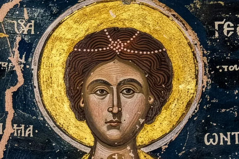 Saint George At Panagia Pelekiti Monastery, Detail Of The Face And Gold Halo