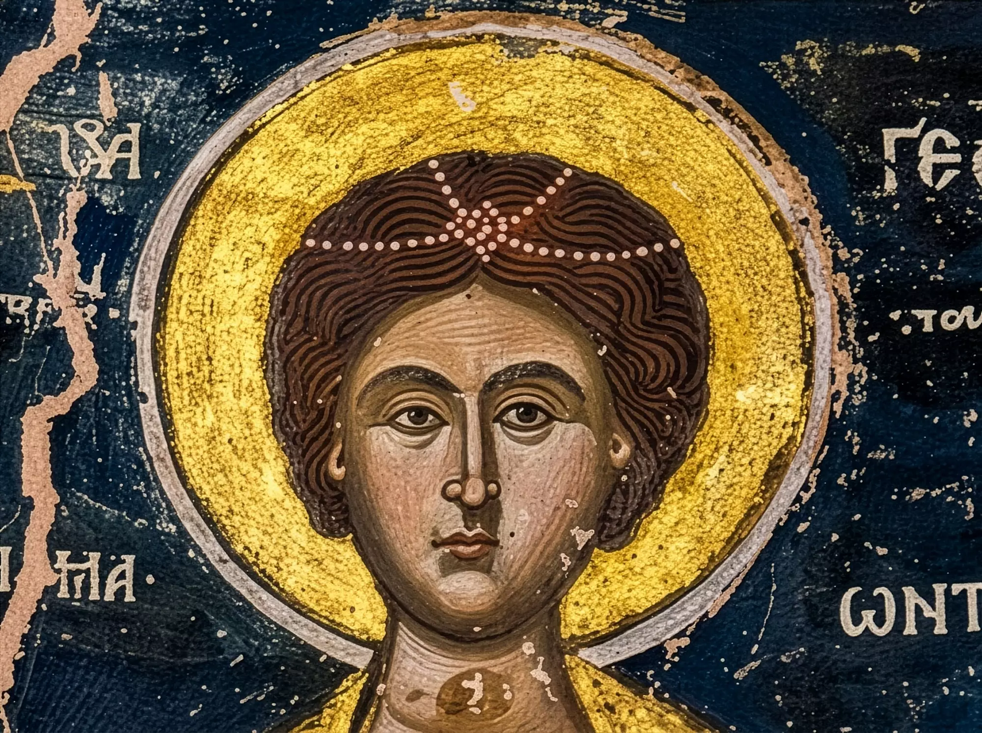 Saint George At Panagia Pelekiti Monastery, Detail Of The Face And Gold Halo