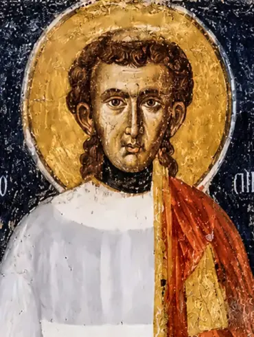 Saint Stephen Byzantine Wall Painting Detail With Youthful Face, Curls And Golden Halo