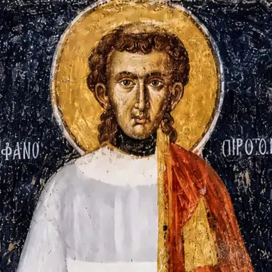 Saint Stephen Byzantine Wall Painting Detail With Youthful Face, Curls And Golden Halo