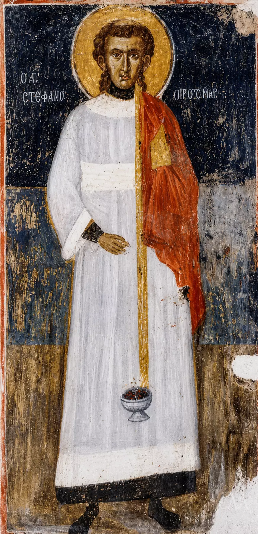 Saint Stephen Byzantine Wall Painting At Valsamonero, Shown As A Full-Length Deacon