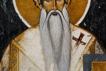 Fresko des Heiligen Theodosios von Trapezunt mit goldenem Heiligenschein und langem weißen Bart