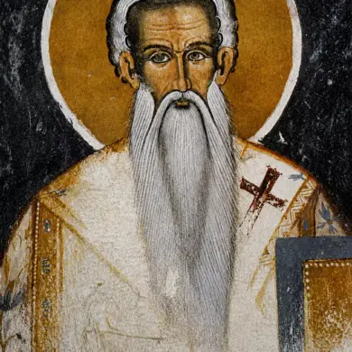 Saint Theodosios Of Trebizond Fresco With A Gold Halo And Long White Beard