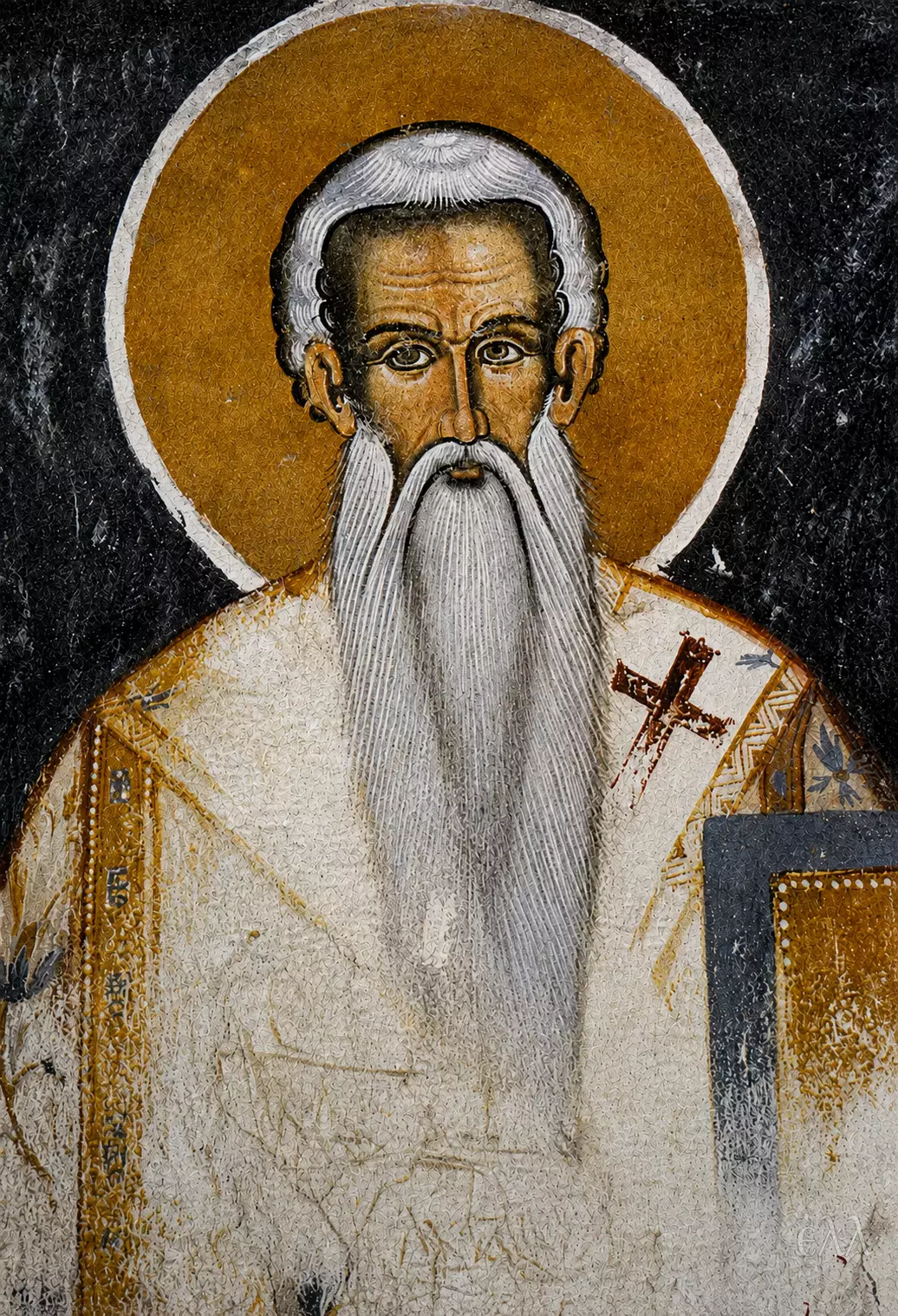 Saint Theodosios Of Trebizond Fresco With A Gold Halo And Long White Beard