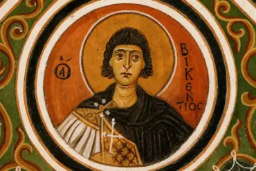 Saint Vincent Hosios Loukas Fresco With Frontal Bust, Orange Halo And Greek Inscription