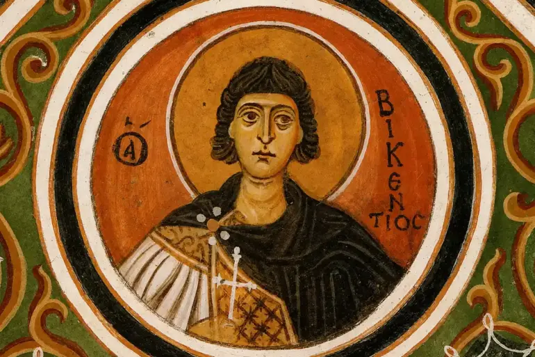 Saint Vincent Hosios Loukas Fresco With Frontal Bust, Orange Halo And Greek Inscription