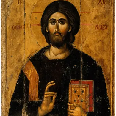 Icono del Pantocrátor del Sinaí con Cristo bendiciendo y sosteniendo un libro de los Evangelios ornamentado.