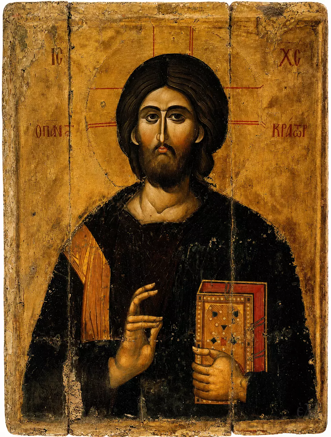 Sinai Pantokrator Icon With Christ Blessing And Holding An Ornate Gospel Book